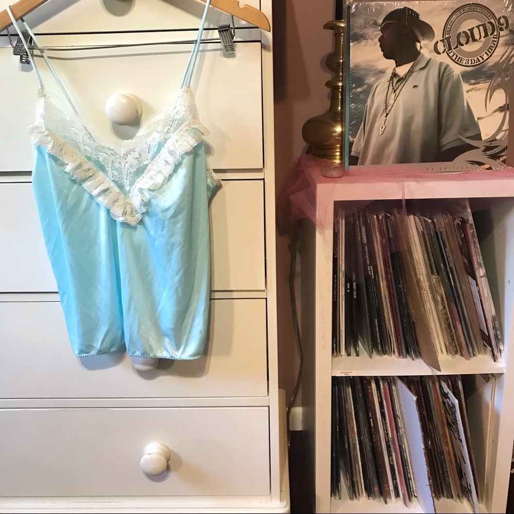 True Vintage Baby Blue Satin Cami Tank Top Y2k Lace Blouse Pastel Small 80’s